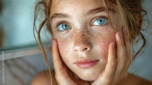 image of blonde girl with acne for anti-acne cream advertising © Susana