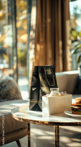 Elegant shopping bag and gourmet burger on a chic marble table in a stylish interior.