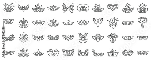 Carnival of Venice icons set outline vector. Costume mask. Hero italy fashion