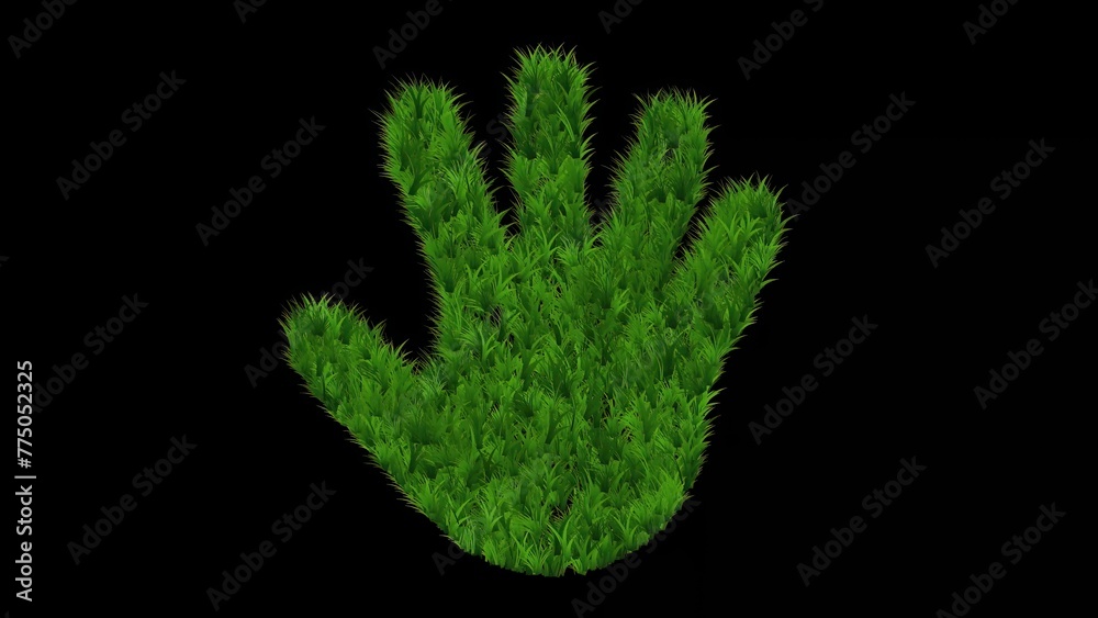 Fototapeta premium Beautiful illustration of hand shape with green grass effect on plain black background