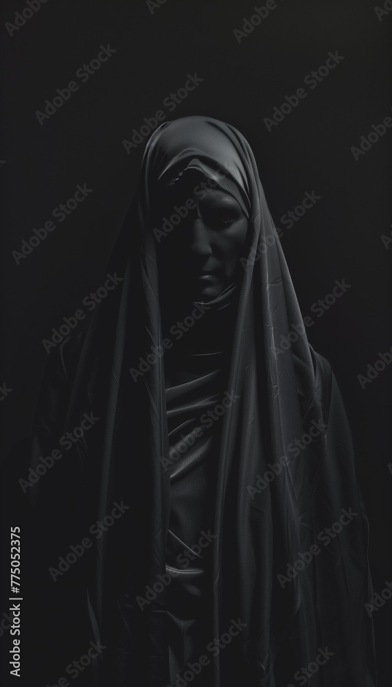 Gothic medieval nun portrait with long valadon, face in darkness Gothic medieval nun portrait with long valadon, face in darkness