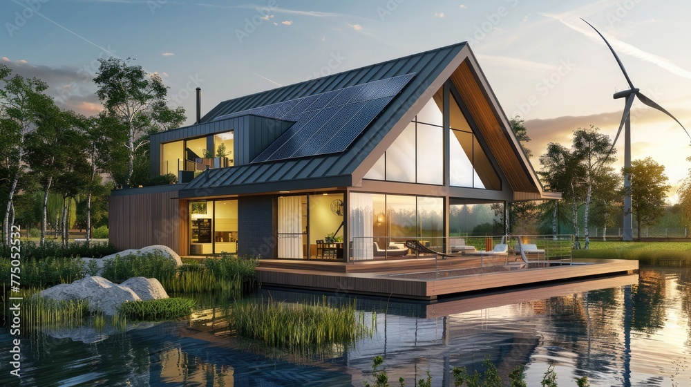 Modern eco house with solar panels and windmills to use alternative energy. Clean electricity concept. Modern eco house with solar panels and windmills to use alternative energy. Clean electricity concept.