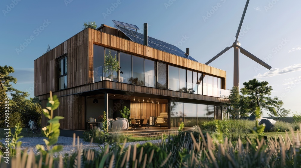 Modern eco house with solar panels and windmills to use alternative energy. Clean electricity concept.