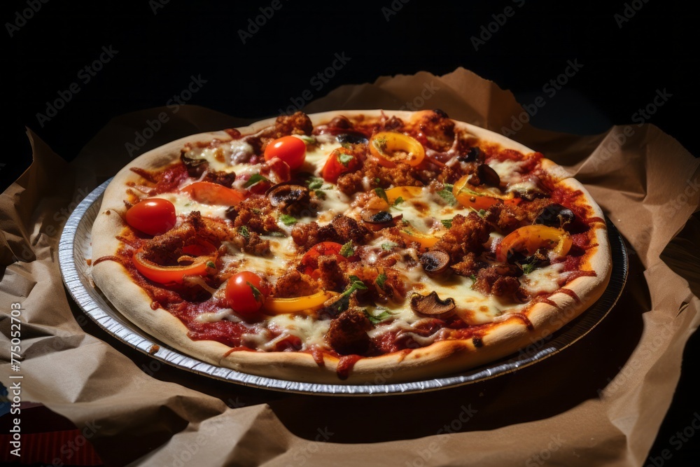 Tasty pizza on a plastic tray against a rice paper background