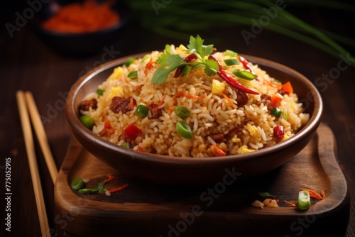 Delicious fried rice on a wooden board against a rice paper background