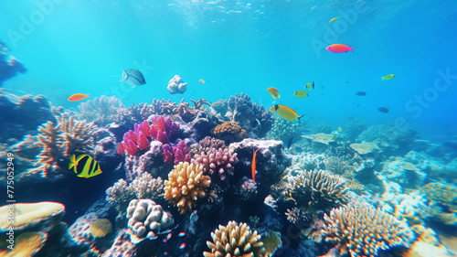 healthy underwater coral reef teeming with marine life  including tropical fish and diverse coral formations. 