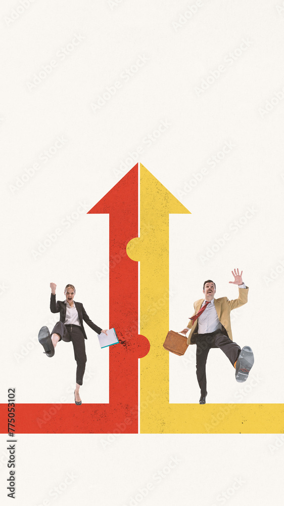 Contemporary art collage. Man and woman, entrepreneurs with business attire leaping on arrows pointing up. Concept of business, career, employers, team, startup. Copy space for ad