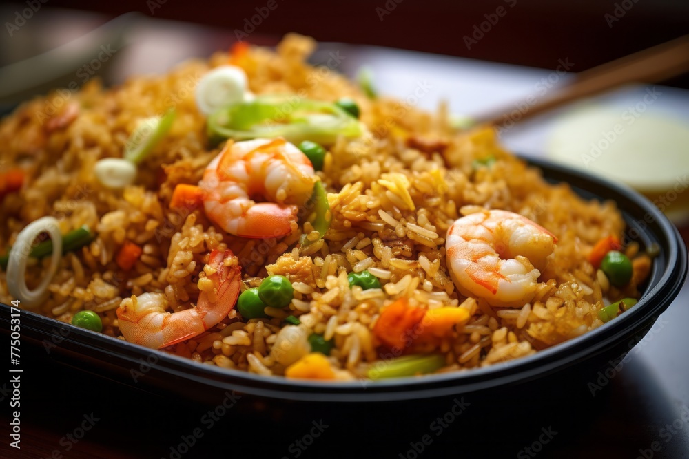 Tempting fried rice on a plastic tray against a rice paper background Tempting fried rice on a plastic tray against a rice paper background