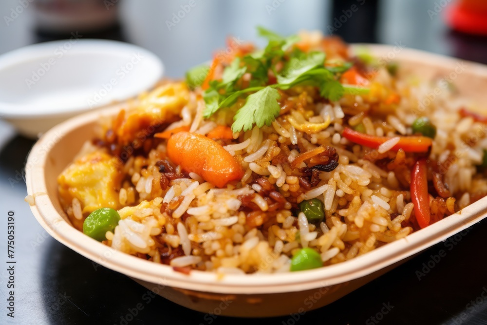 Tempting fried rice on a plastic tray against a rice paper background Tempting fried rice on a plastic tray against a rice paper background