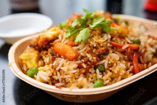 Tempting fried rice on a plastic tray against a rice paper background