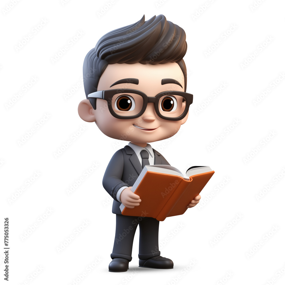 3d cute young businessman reading a book