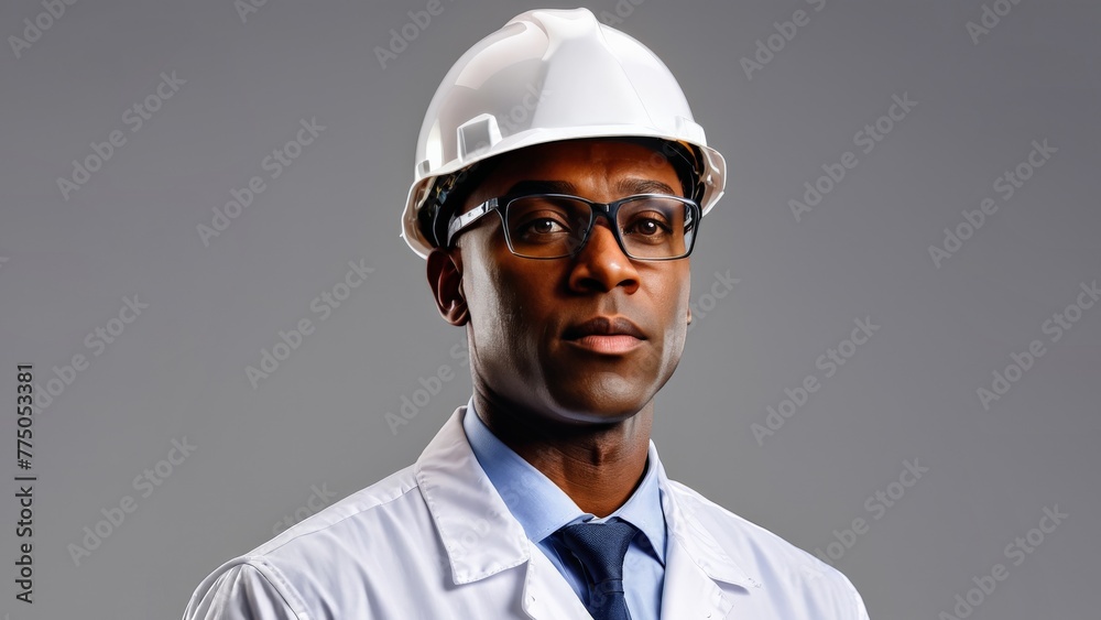 Portrait of an engineer in a protection helmet on a grey background Portrait of an engineer in a protection helmet on a grey background