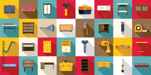 Furniture assembly icons set flat vector. Wood work. Design production