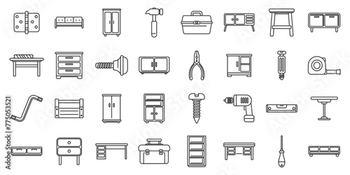 Furniture assembly icons set outline vector. Wood work. Design production