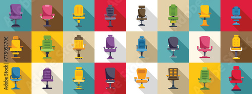 Barber chair icons set flat vector. Salon interior seat. Furniture barbershop