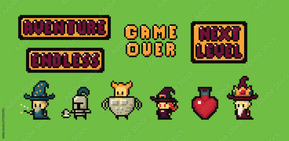 Set of minimalistic pixel art vector objects isolated. Pixel game buttons. Video nostalgic game pixel magic items, digital pixelated lives bar. Heroes and retro icons used in games Set of minimalistic pixel art vector objects isolated. Pixel game buttons. Video nostalgic game pixel magic items, digital pixelated lives bar. Heroes and retro icons used in games