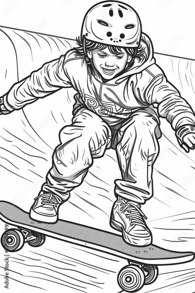 A person confidently rides a skateboard down a steep hill coloring pages for kids and adults