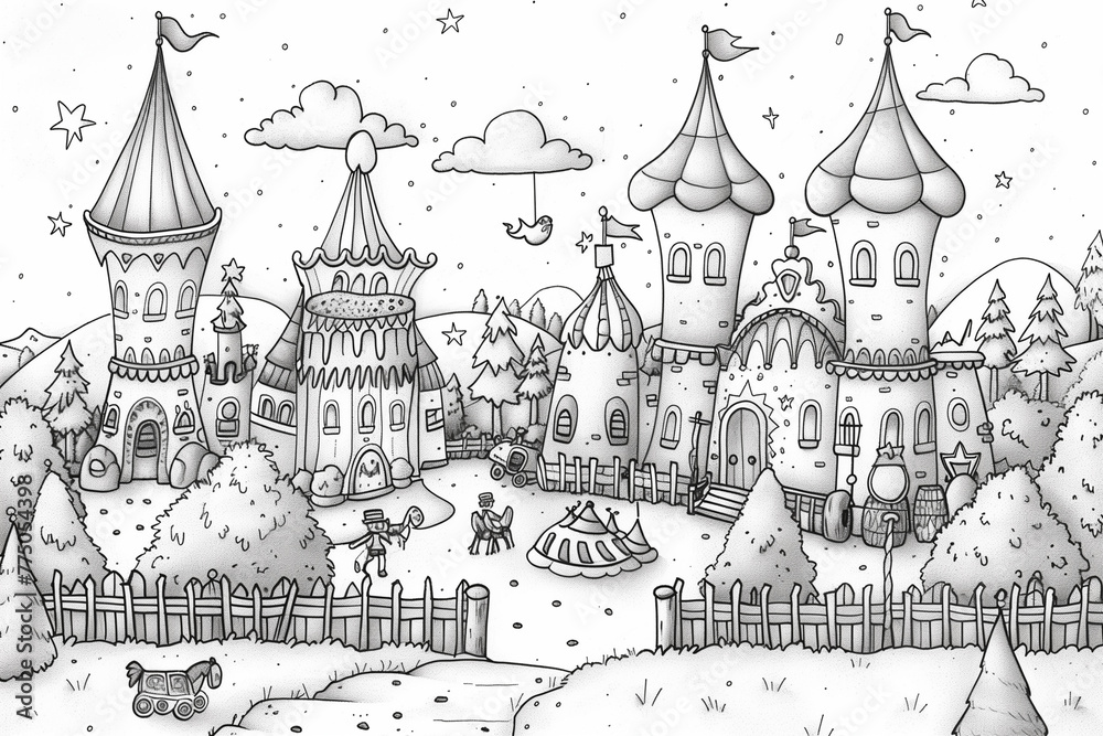 Intricate illustration of a castle in striking black and white coloring pages for kids