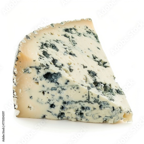 Close-up of a wedge of blue cheese with creamy texture and distinct blue veins  isolated on white background.