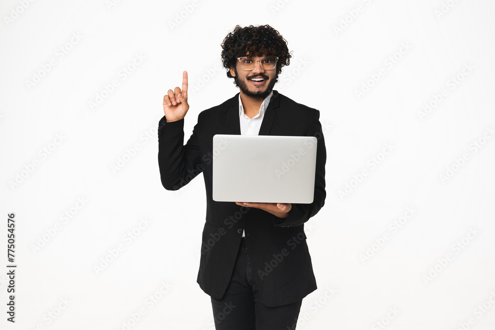 Handsome young businessman using laptop for remote work having idea isolated over white background. Cheerful Indian manager e-banking, e-learning, e-commerce Handsome young businessman using laptop for remote work having idea isolated over white background. Cheerful Indian manager e-banking, e-learning, e-commerce