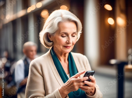 Elegant senior woman walking on street using smartphone. Close up portrait.