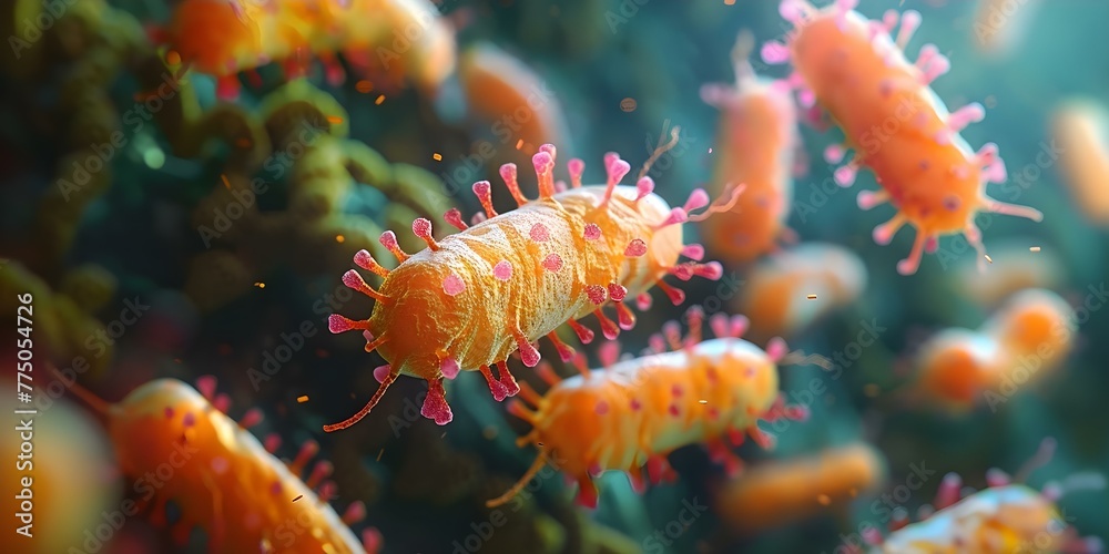 Closeup of probiotic bacteria in the stomach including Escherichia coli aiding in digestion and promoting health. Concept Probiotic Bacteria, Escherichia Coli, Digestive Health, Stomach Microbiome Closeup of probiotic bacteria in the stomach including Escherichia coli aiding in digestion and promoting health. Concept Probiotic Bacteria, Escherichia Coli, Digestive Health, Stomach Microbiome