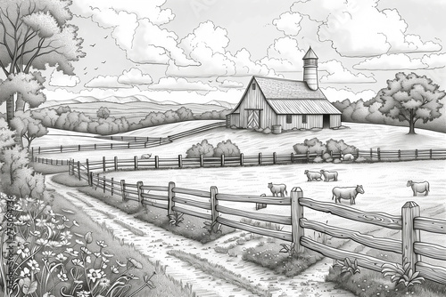 Illustration of a farmyard with barn, sheep, and trees, created for coloring pages for kids