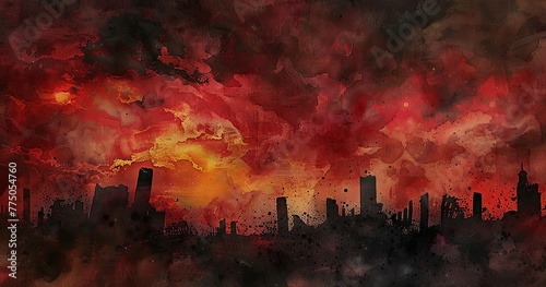 a dark and moody abstract watercolor matte painting of a twighlit sky of deep reds and oranges. In the foreground the silhouette of a civilization constructed from discarded rubbish photo