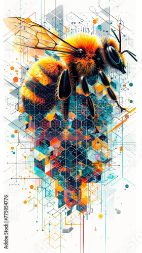 cyberpunk bee, main colures, honeycomb, hive, white background photo