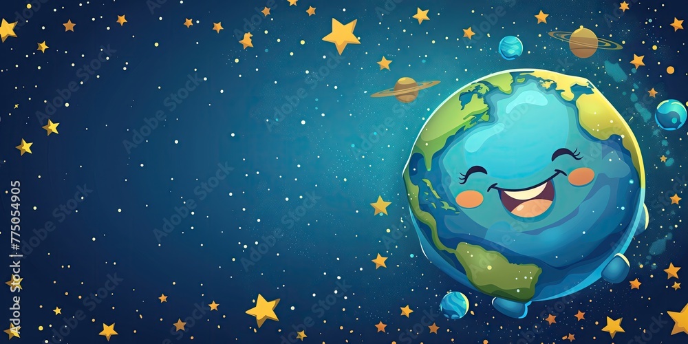 Fototapeta premium Happy earth in space with stars and planets illustration, Earth Day banner with copy-space