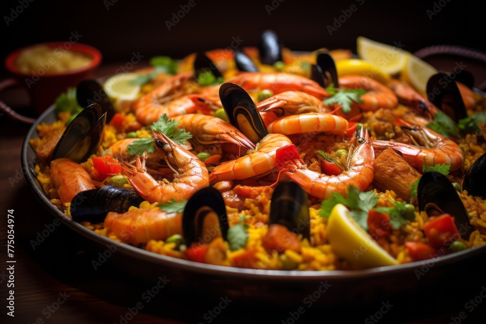 Delicious paella on a porcelain platter against a rice paper background