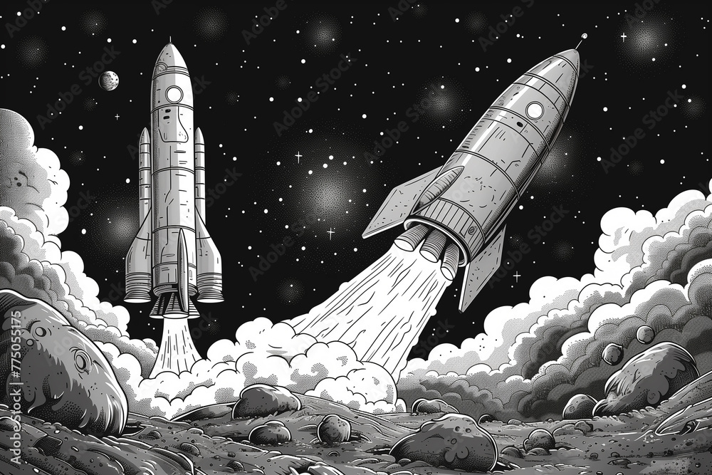 Drawing of a rocket blasting off from the ground on a space mission