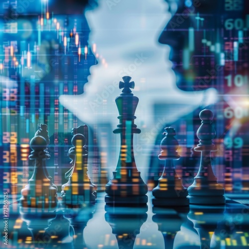 Chess pieces and digital financial graphs representing strategic business decisions on a board
