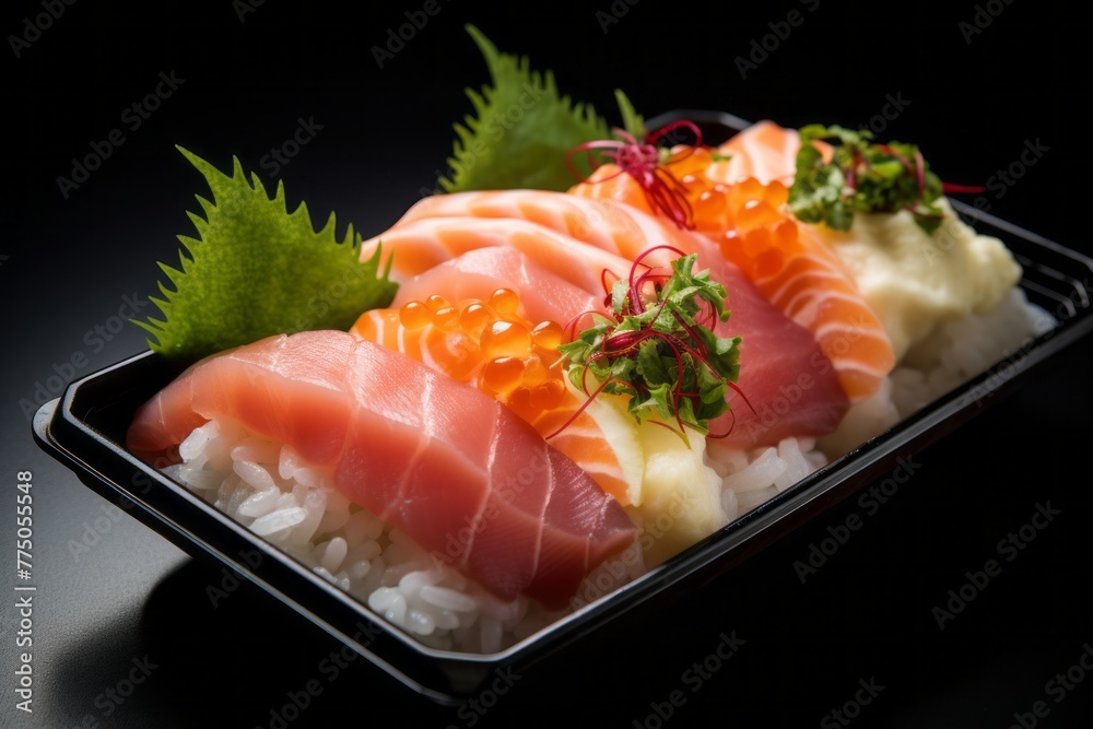 Tempting sashimi in a bento box against a rice paper background Tempting sashimi in a bento box against a rice paper background