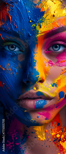 Banner with a woman s face covered in colorful paint explosion on the right corner on solid background