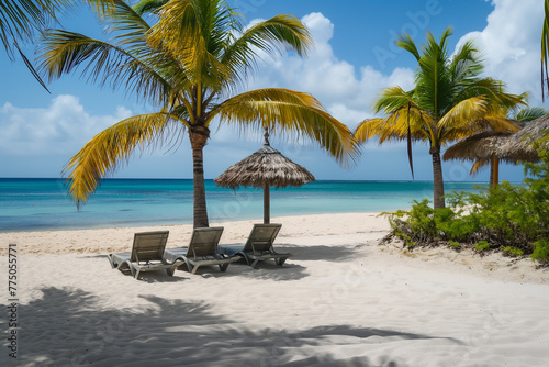 Tropical beach on a dream vacation in the Caribbean with blue skies, sun loungers and palm trees - Topic Travel, vacation and travel agency © Steffen Kögler
