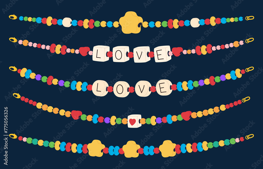 A collection of beaded necklaces in a cartoon style. Beadwork, handmade. Child bracelet with colored beads. Vector illustration