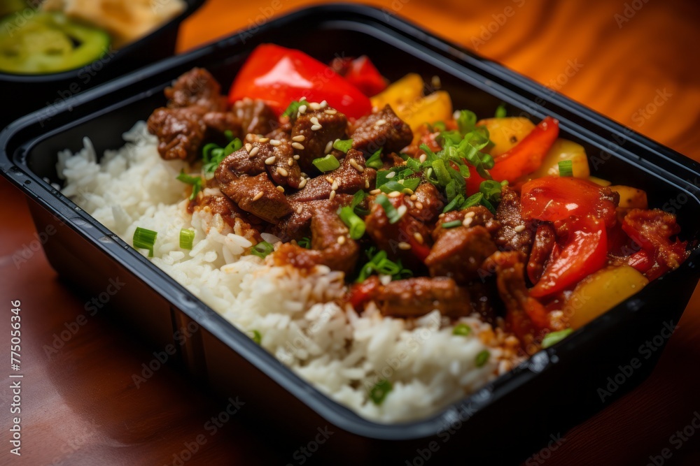 Juicy goulash in a bento box against a rice paper background Juicy goulash in a bento box against a rice paper background