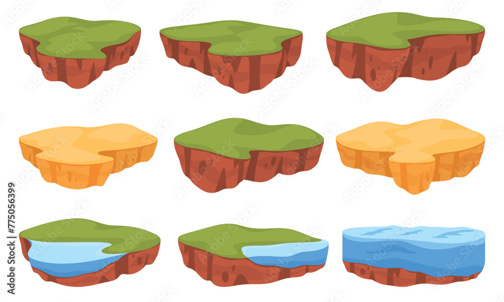 Set of flying islands in cartoon style. Game interface resources, background for location, element. A fantasy piece of land with grass, sand and water. Vector illustration Set of flying islands in cartoon style. Game interface resources, background for location, element. A fantasy piece of land with grass, sand and water. Vector illustration