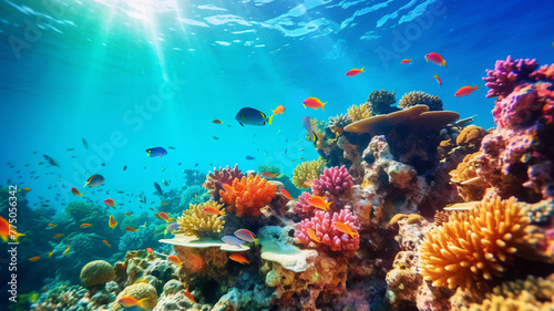 healthy underwater coral reef teeming with marine life, including tropical fish and diverse coral formations. 
