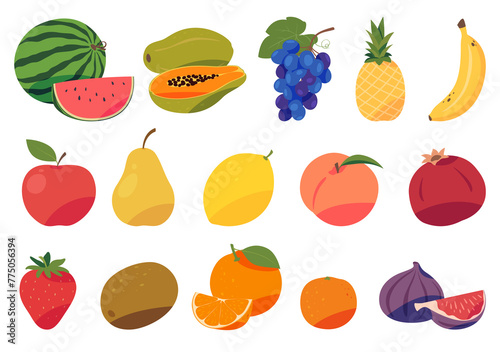 Obraz na płótnie Set of fruits and berries in cartoon style. Edible tasty fruits. Tropical exotic refreshing food. Vector illustration w salonie