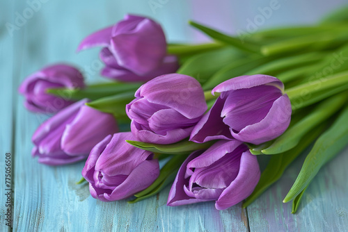 Bunch of purple tulips lying on a painted white wooden background