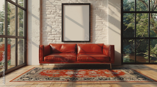 an empty vertical photo frame, on the ground against a red leather sofa, late afternoon light streaming in through large windows There is a rug on the floor, the room looks like a japanese living room photo