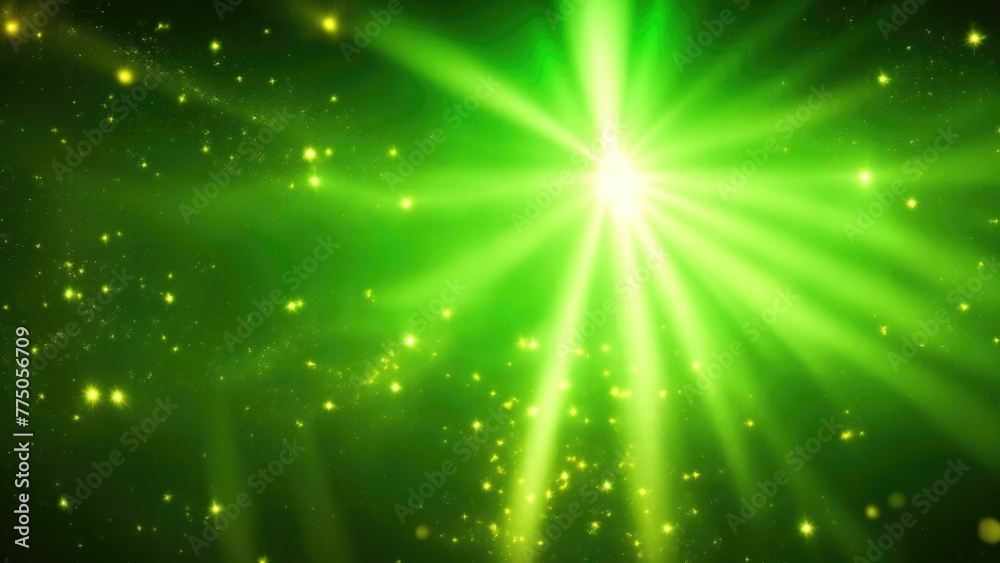 Asymmetric Green light burst, rays of lights on dark Maroon background with the color of yellow, golden sparkling and bokeh