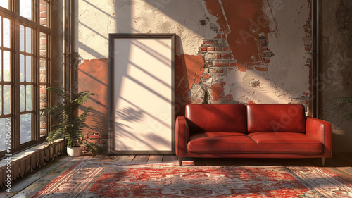 an empty vertical photo frame, on the ground against a red leather sofa, late afternoon light streaming in through large windows There is a rug on the floor, the room looks like a japanese living room photo