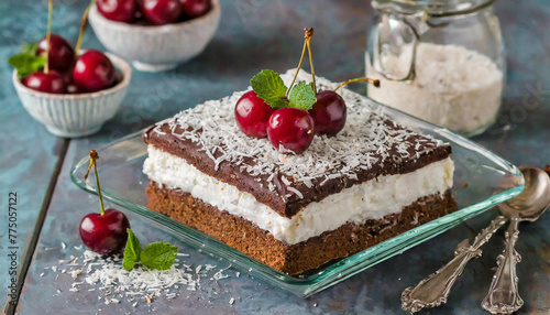 Cake in a square glass dish with grated coconut and cherry on top. (ID: 775057122)