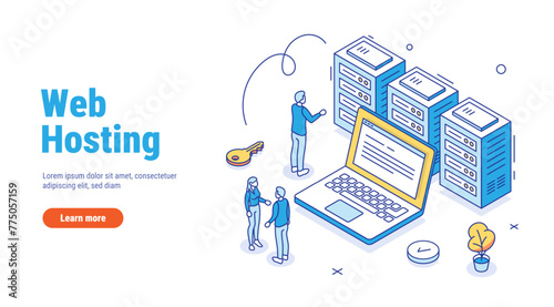 Web hosting or server outline isometric. Web hosting service with cyber security technology concept. Character staying near laptop and managing files and data on cloud web server.