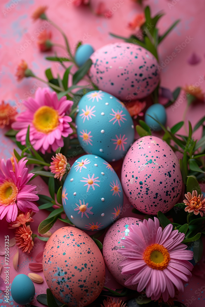 Easter-themed bouquet of flowers and colorful painted eggs arranged on a table vertical