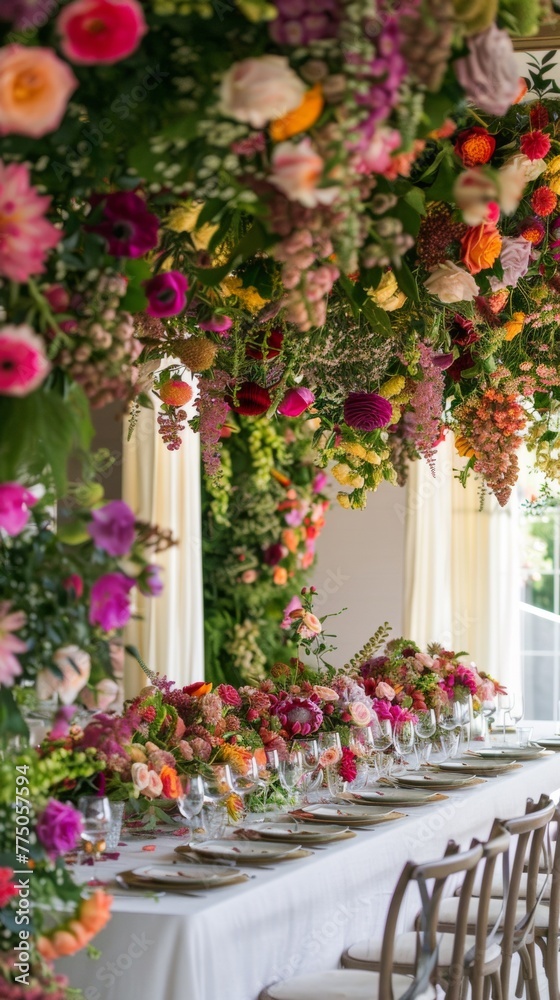 A long table with a bunch of flowers hanging from the ceiling