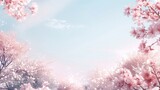 A dreamscape of cherry blossoms in soft pink hues, with petals gently floating down in a serene, sunlit sky.